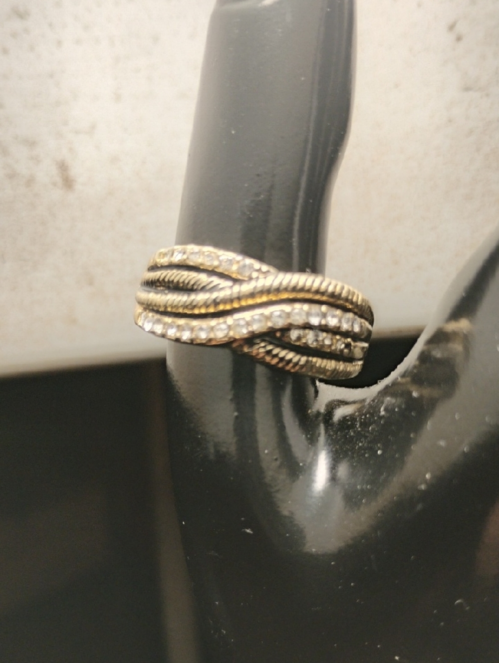 Gold Tone Cable Rope And Crystal CZ Cocktail Ring Statement Piece Size 9